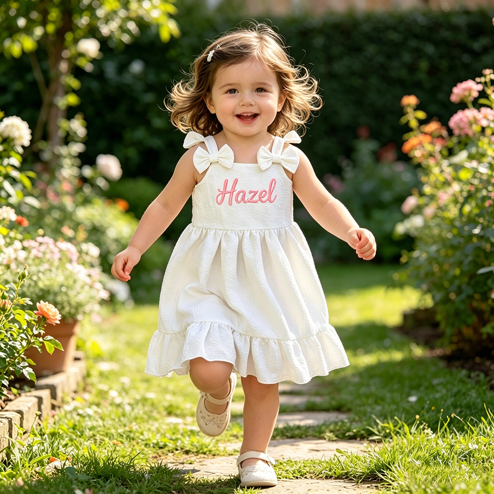 Personalized Girl Embroidered Name Bow Strap Dress| Dress99