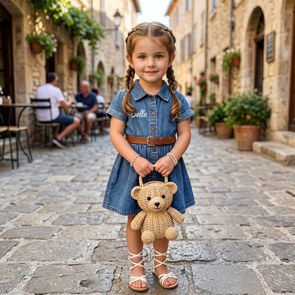 Personalized Girl Vintage Wash Denim Shirtdress with Brown Belt| Dress98