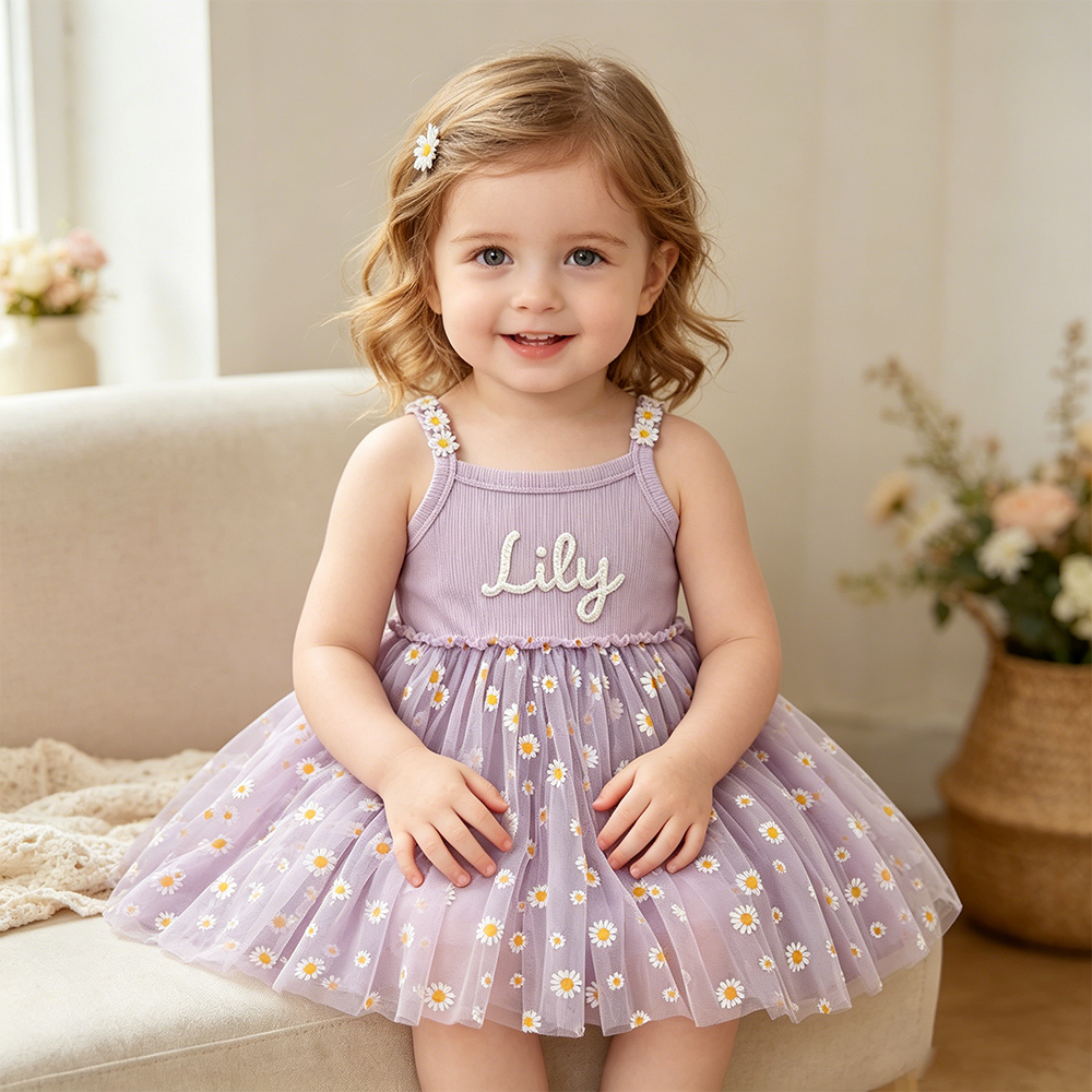 Personalized Girl Hand Knitted Rainbow Daisy Tutu Dress| Dress100