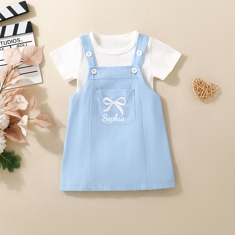 Personalized Girl Pink Bow Pinafore Dress Set| Dress107
