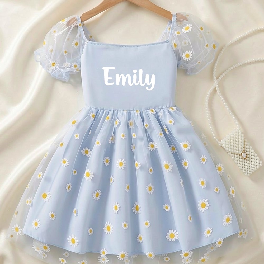 Personalized Girl Puff Sleeve Daisy Dress| Dress109