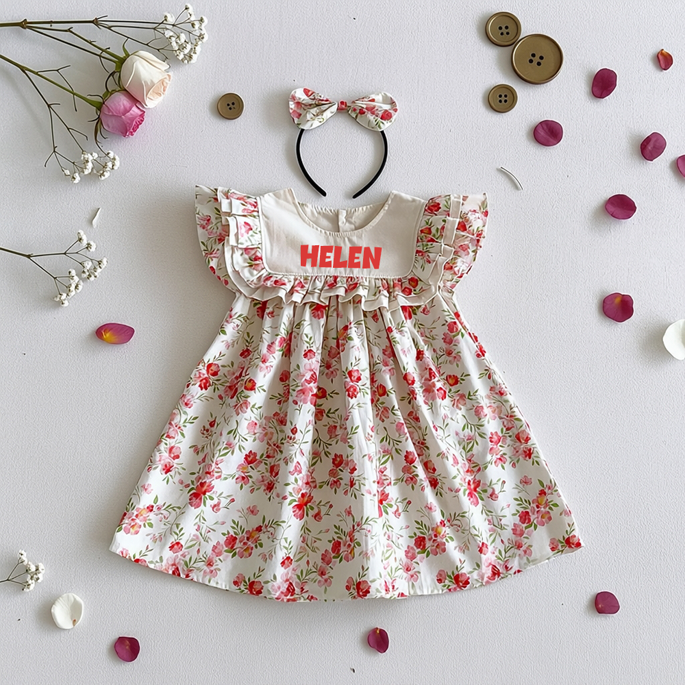 Personalized Girl's Floral Cotton Dress With Headband| Dress113
