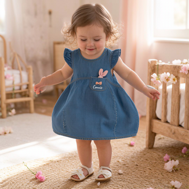 Personalized Girl Ruffle Denim Bubble Dress| Dress117