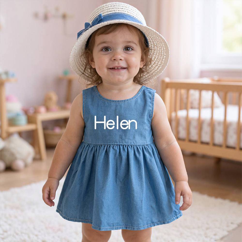 Personalized Girl Denim Dress with Straw Hat| Dress119