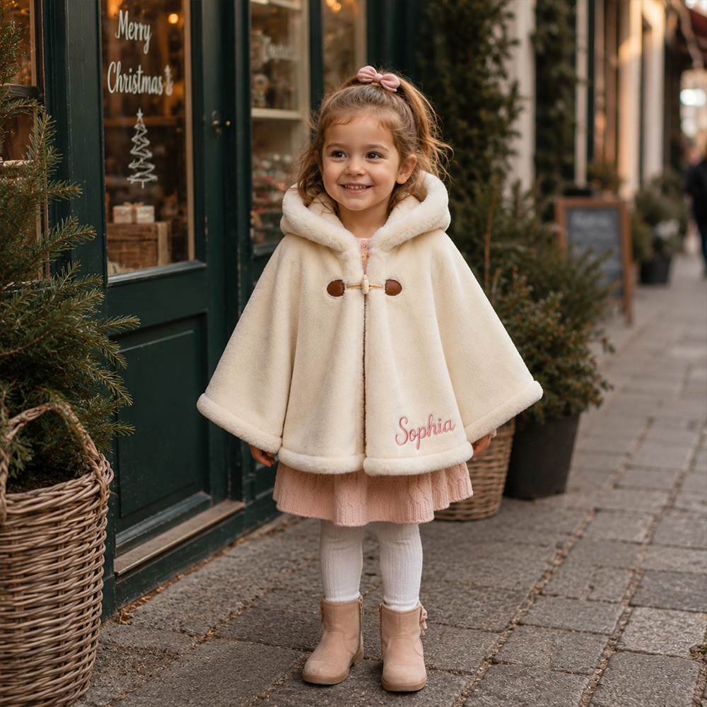 Personalized Girls Faux Fur Trim Winter Poncho Hooded Cape Coat| Cloth287