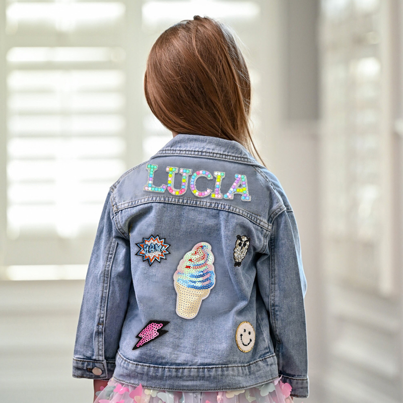 Personalized Kids Macaron Candy Color Beaded Letter Denim Jacket| Cloth165