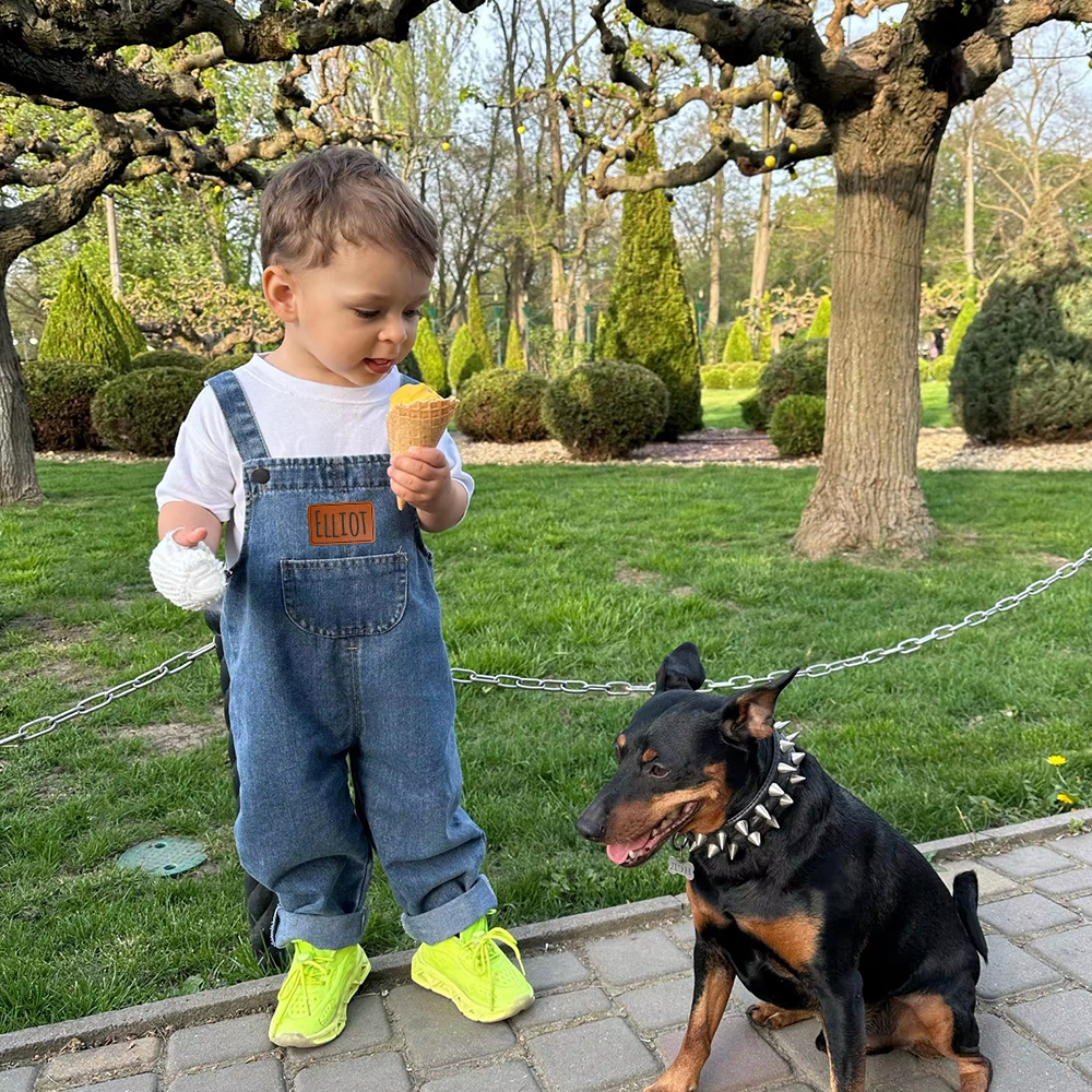 Personalized Kids Leather Patch Denim Overalls| Pants03