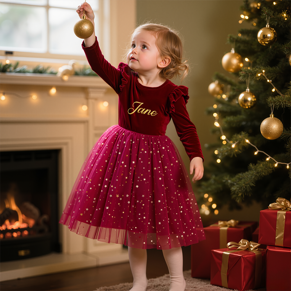 Personalized Girl Christmas Star Sequin Tulle Dress|YESMC05