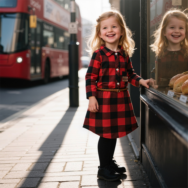 Personalized Girl Red Plaid Print Long Sleeves Shirt Dress With Belt| Cloth244