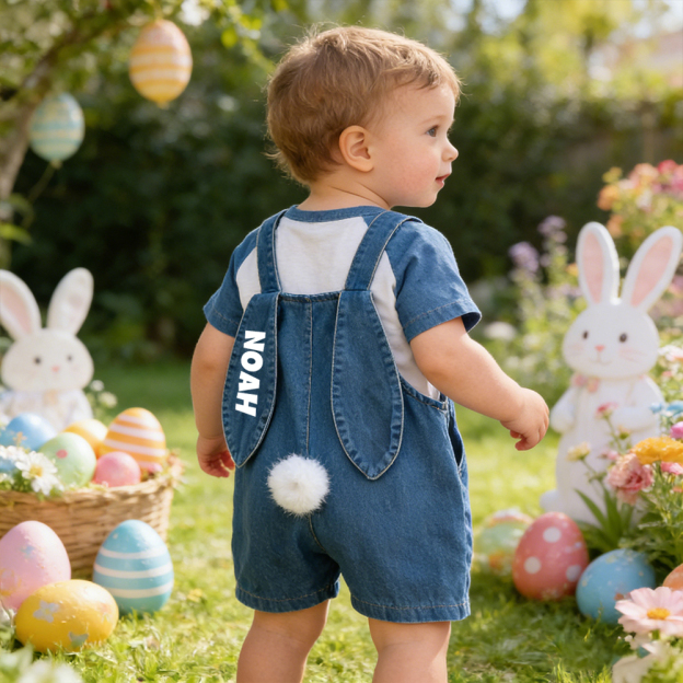 Personalized Kids Bunny Ear Denim Overalls| Pants34