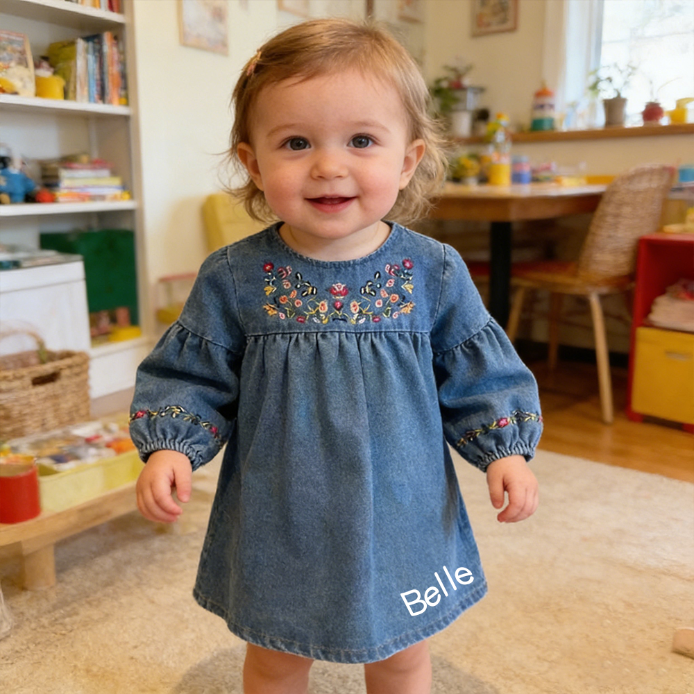 Personalized Girl Embroidered Denim Floral  Dress| Dress68