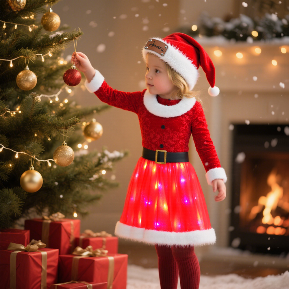 Personalized Leather Patch Christmas Led Dress with Hat| YESMC16
