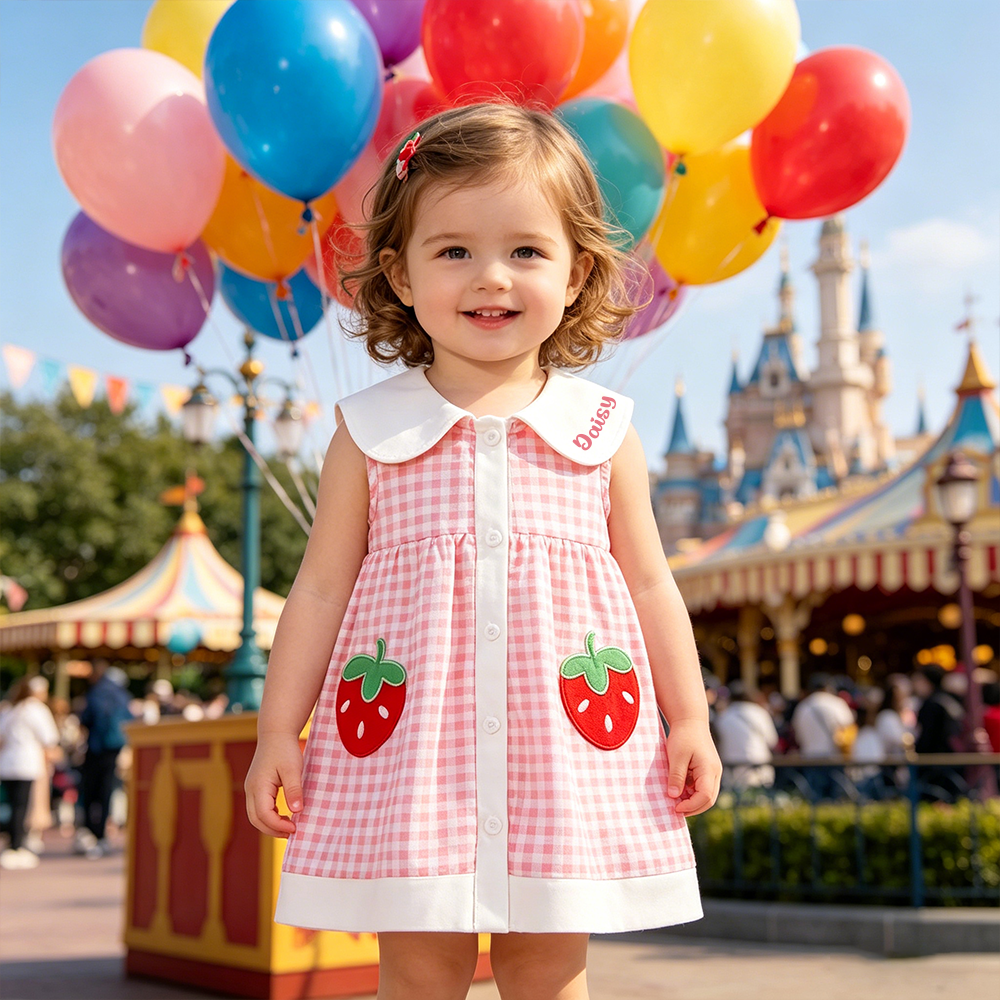 Personalized Girl Check Strawberry Sleeveless Summer Dress| Dress94