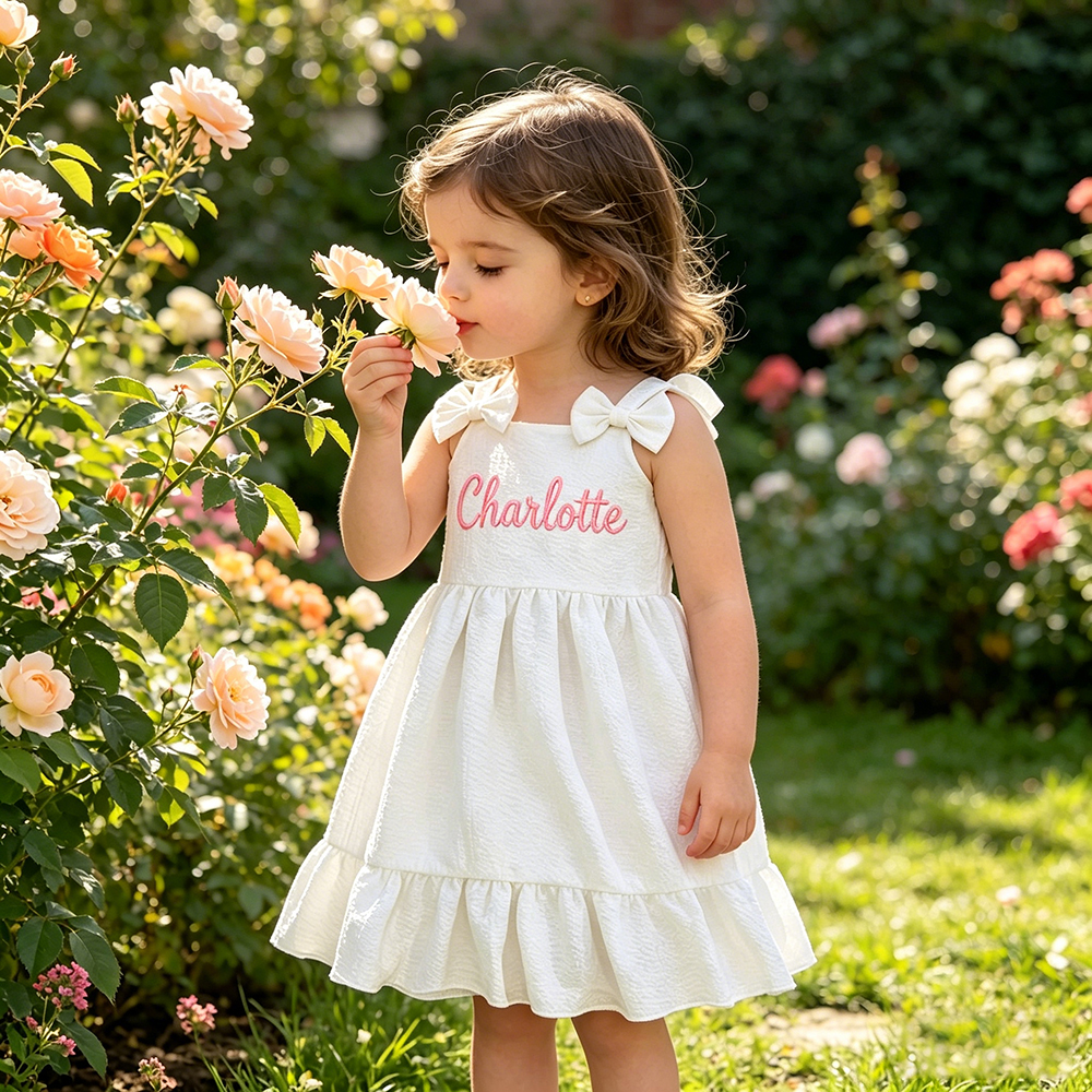 Personalized Girl Embroidered Name Bow Strap Dress| Dress99