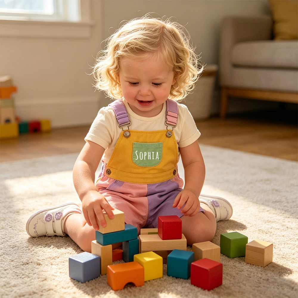 Personalized Kids Color Block Denim Overalls| Pants57