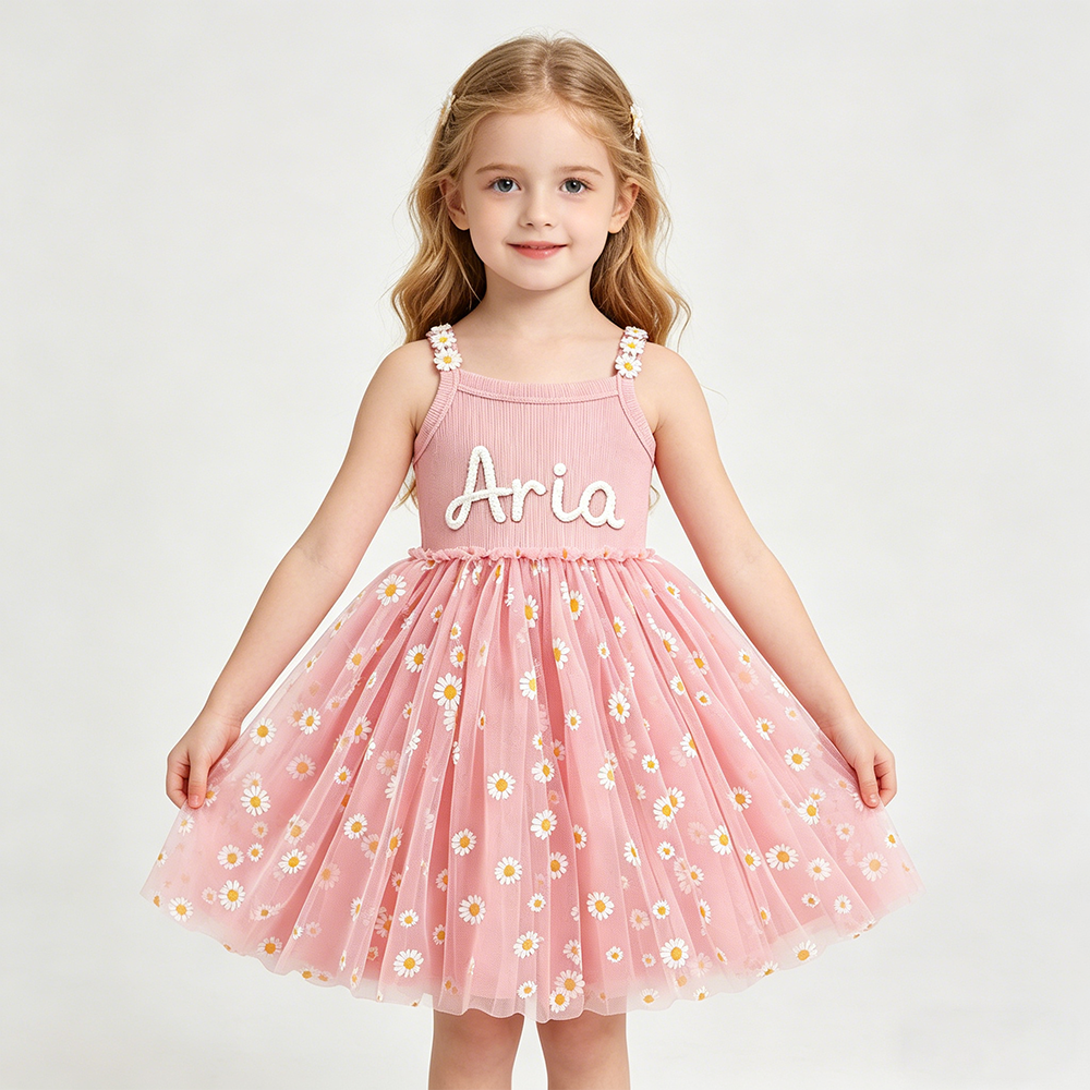 Personalized Girl Hand Knitted Rainbow Daisy Tutu Dress| Dress100