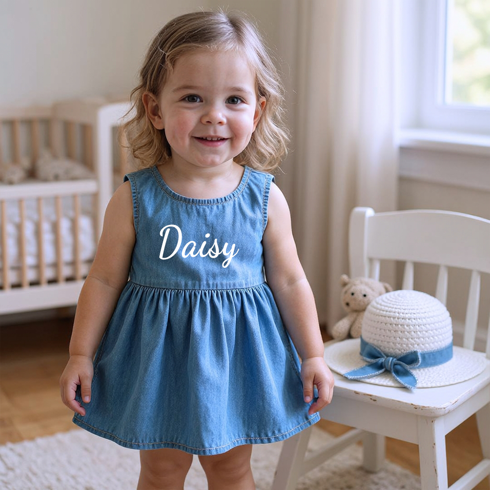 Personalized Girl Denim Dress with Straw Hat| Dress119