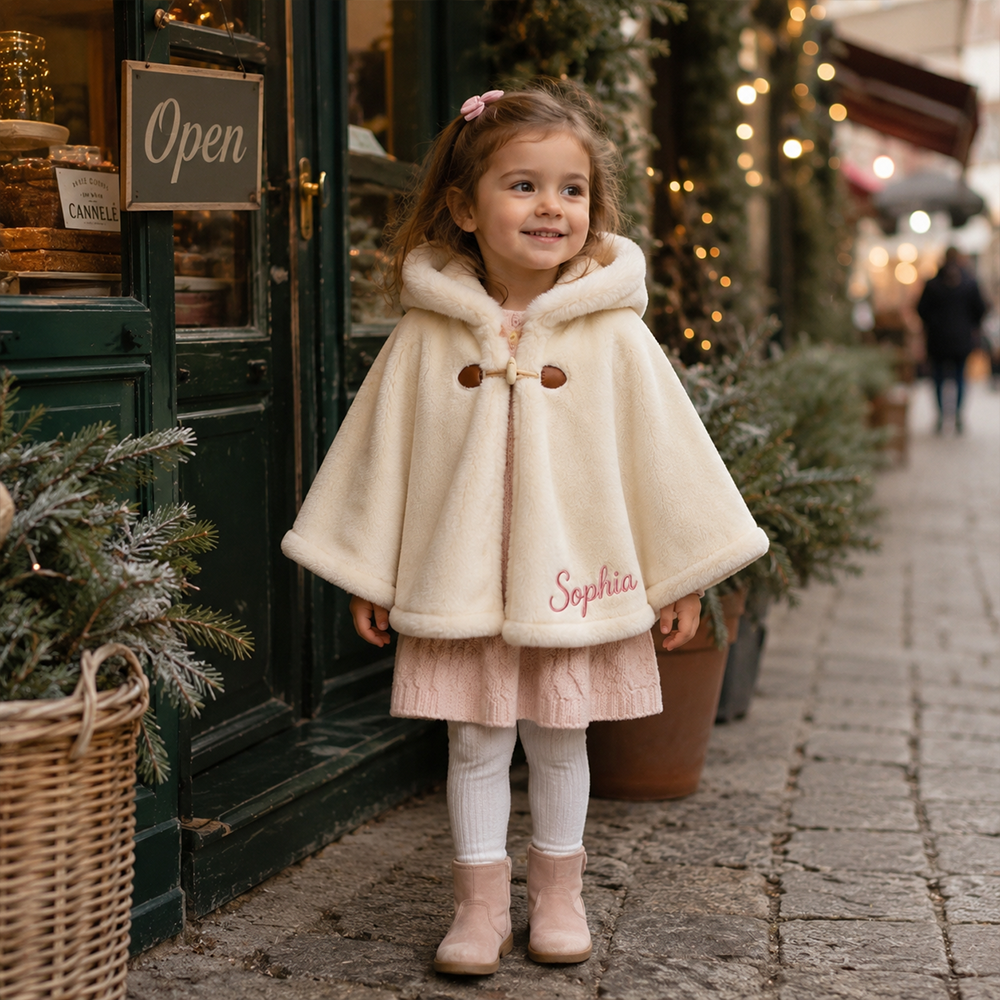 Personalized Girls Faux Fur Trim Winter Poncho Hooded Cape Coat| Cloth287