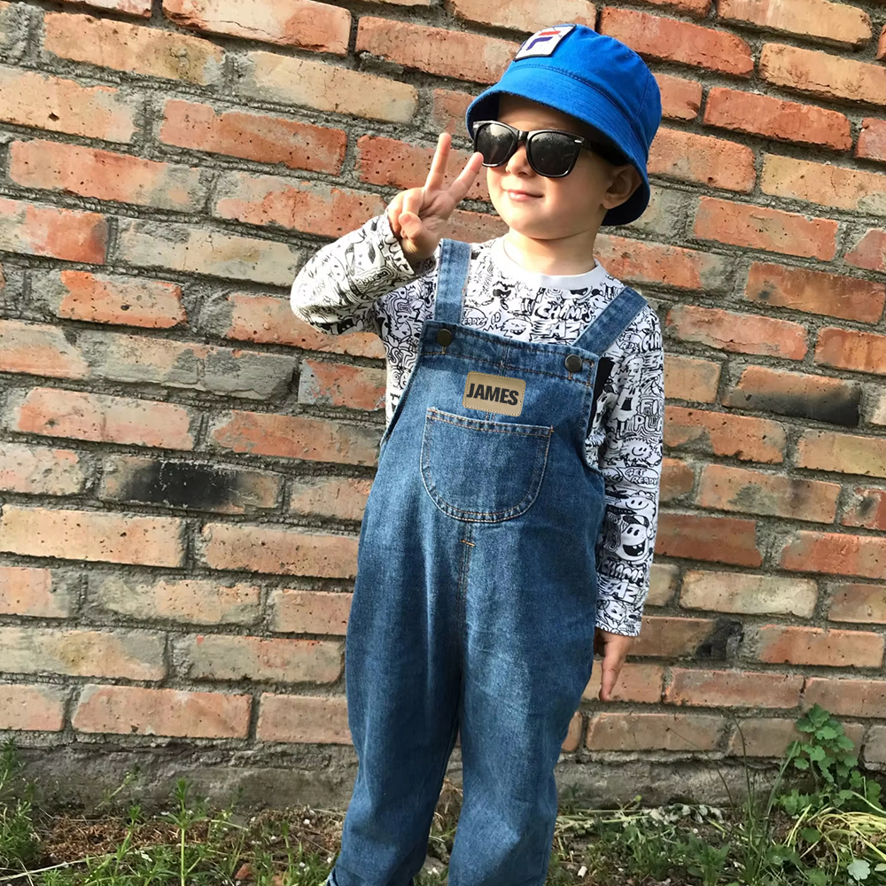 Personalized Kids Leather Patch Denim Overalls| Pants03