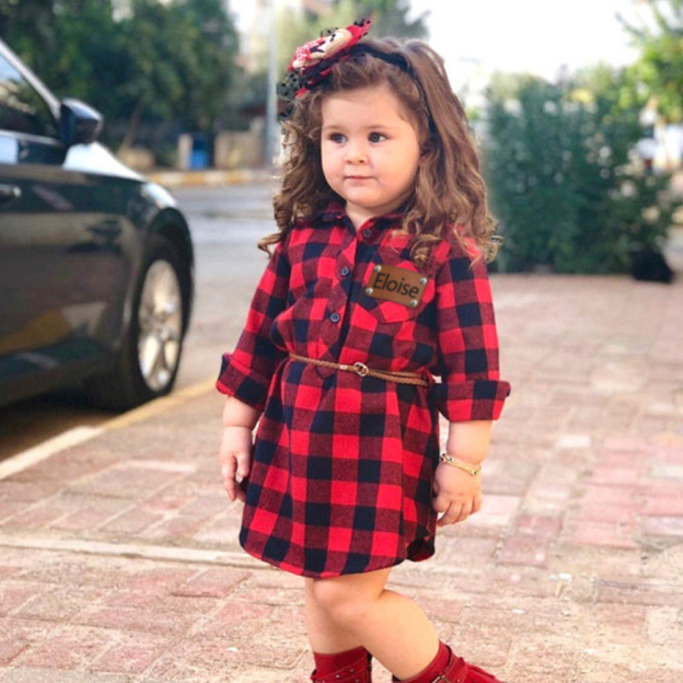 Personalized Girl Red Plaid Print Long Sleeves Shirt Dress With Belt| Cloth244