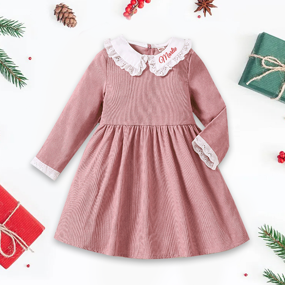 Personalized Christmas Girl Elegant White Doll Collar Dress|YESMC09