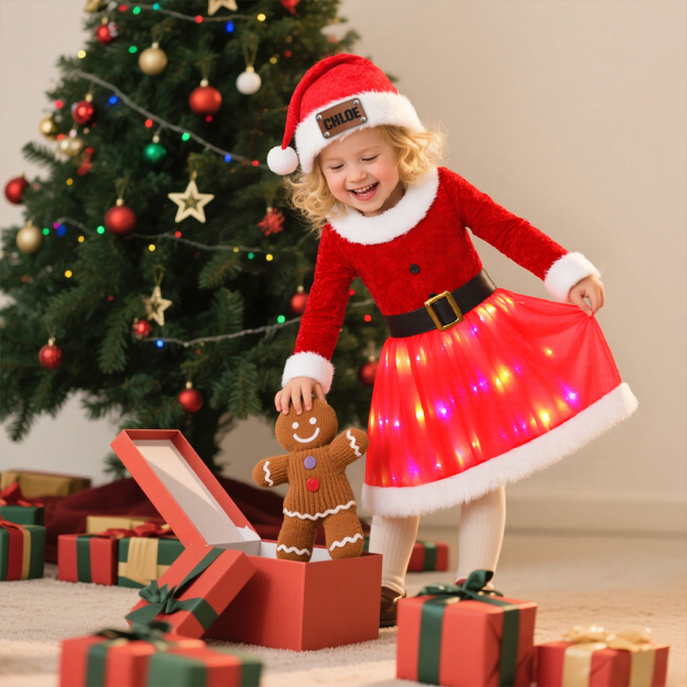 Personalized Leather Patch Christmas Led Dress with Hat| YESMC16