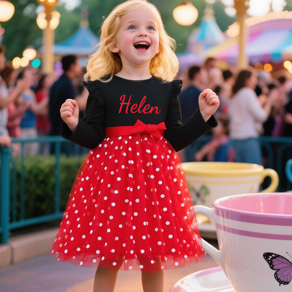 Personalized Girl Polka Dot Tulle with Bow Dress| Dress32