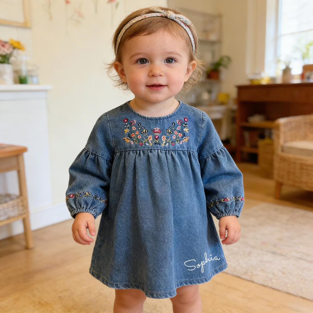 Personalized Girl Embroidered Denim Floral  Dress| Dress68