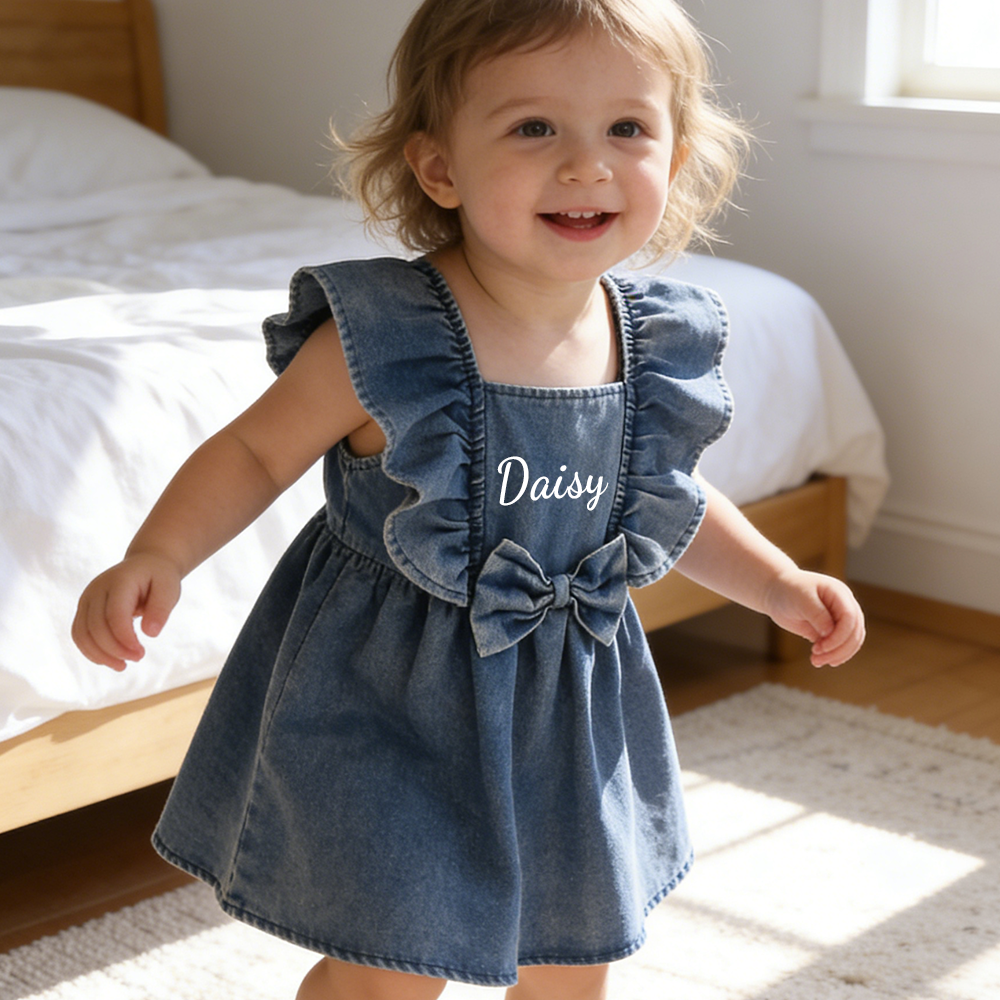 Personalized Girl Ruffle Shoulder Denim Dress| Dress73