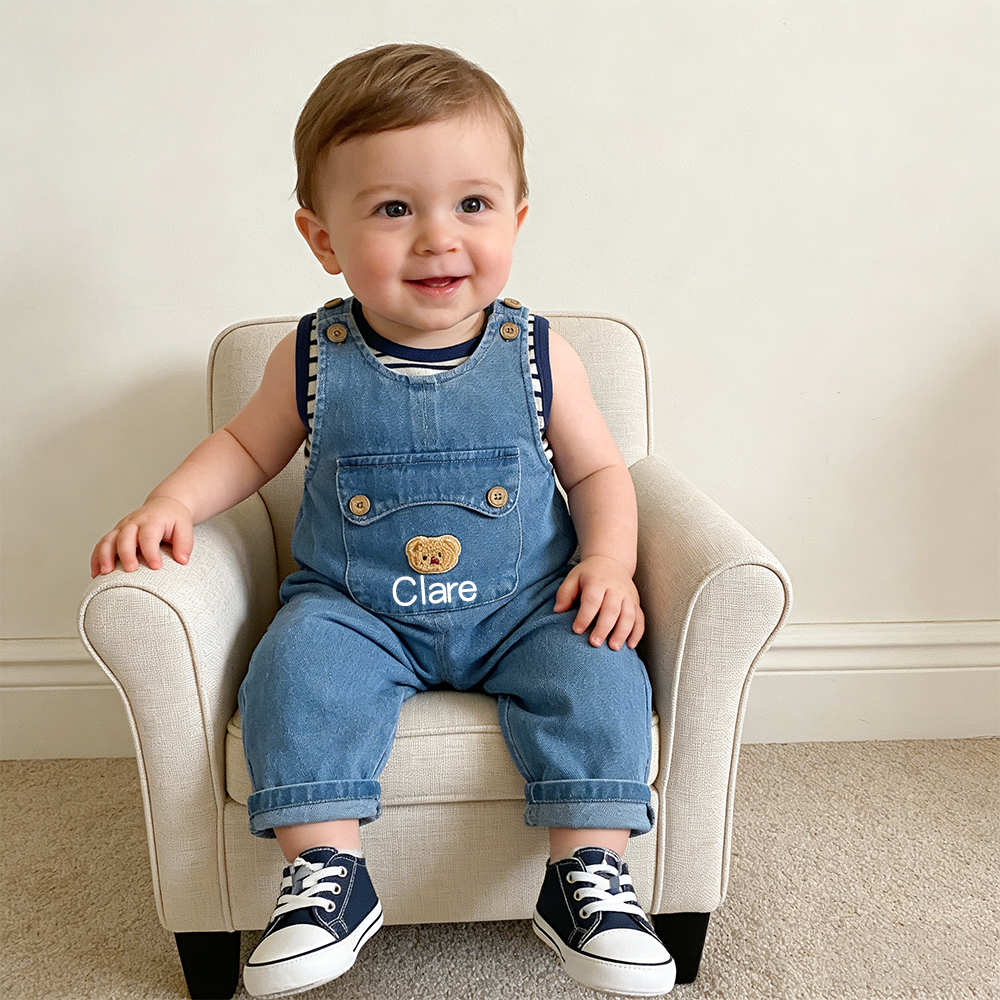 Personalized Kids Bear Patch Denim Overalls Set| Pants46