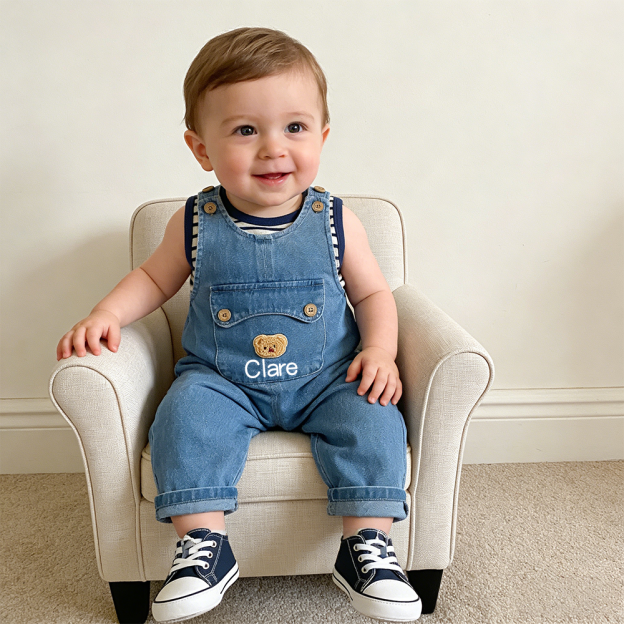 Personalized Kids Bear Patch Denim Overalls Set| Pants46