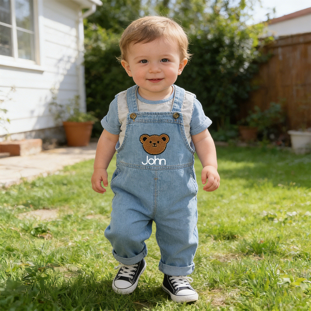 Personalized Kids Bear Patch Denim Overalls| Pants47