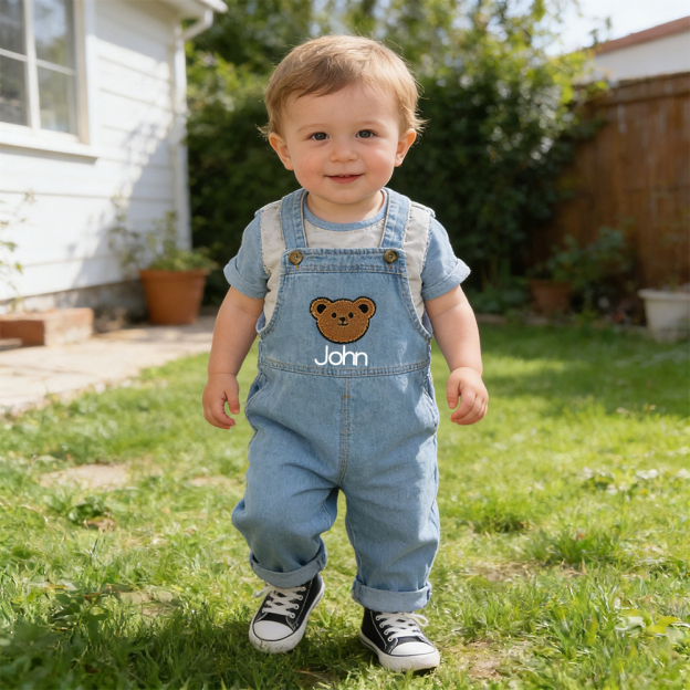 Personalized Kids Bear Patch Denim Overalls| Pants47