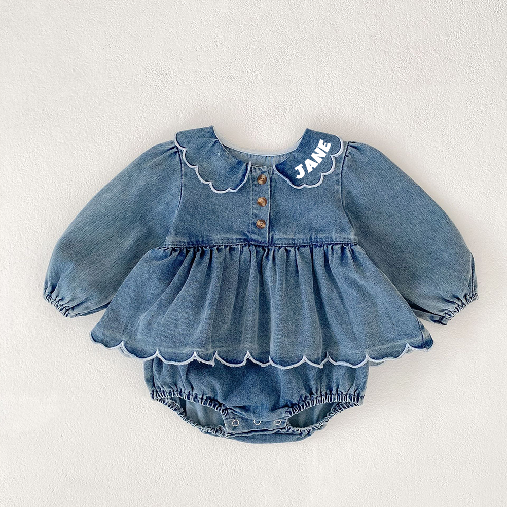 Personalized Baby Girl Ruffled Denim Bubble Romper| BBcloth130