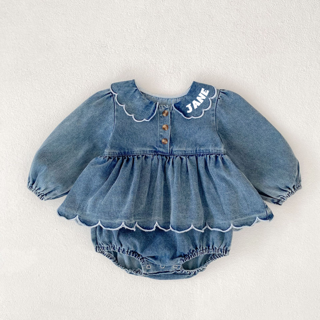 Personalized Baby Girl Ruffled Denim Bubble Romper| BBcloth130