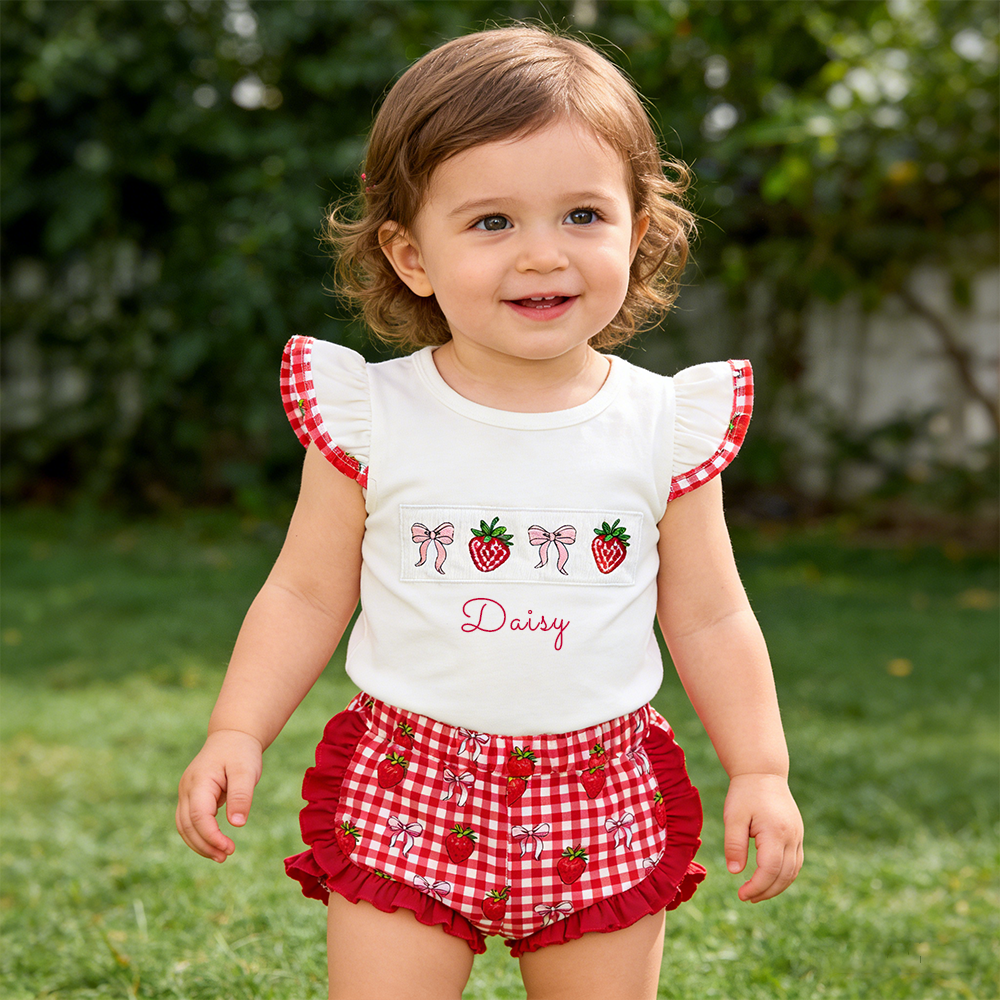 Personalized Girl Strawberry Ruffle Sleeve Top & Shorts Set| Cloth273