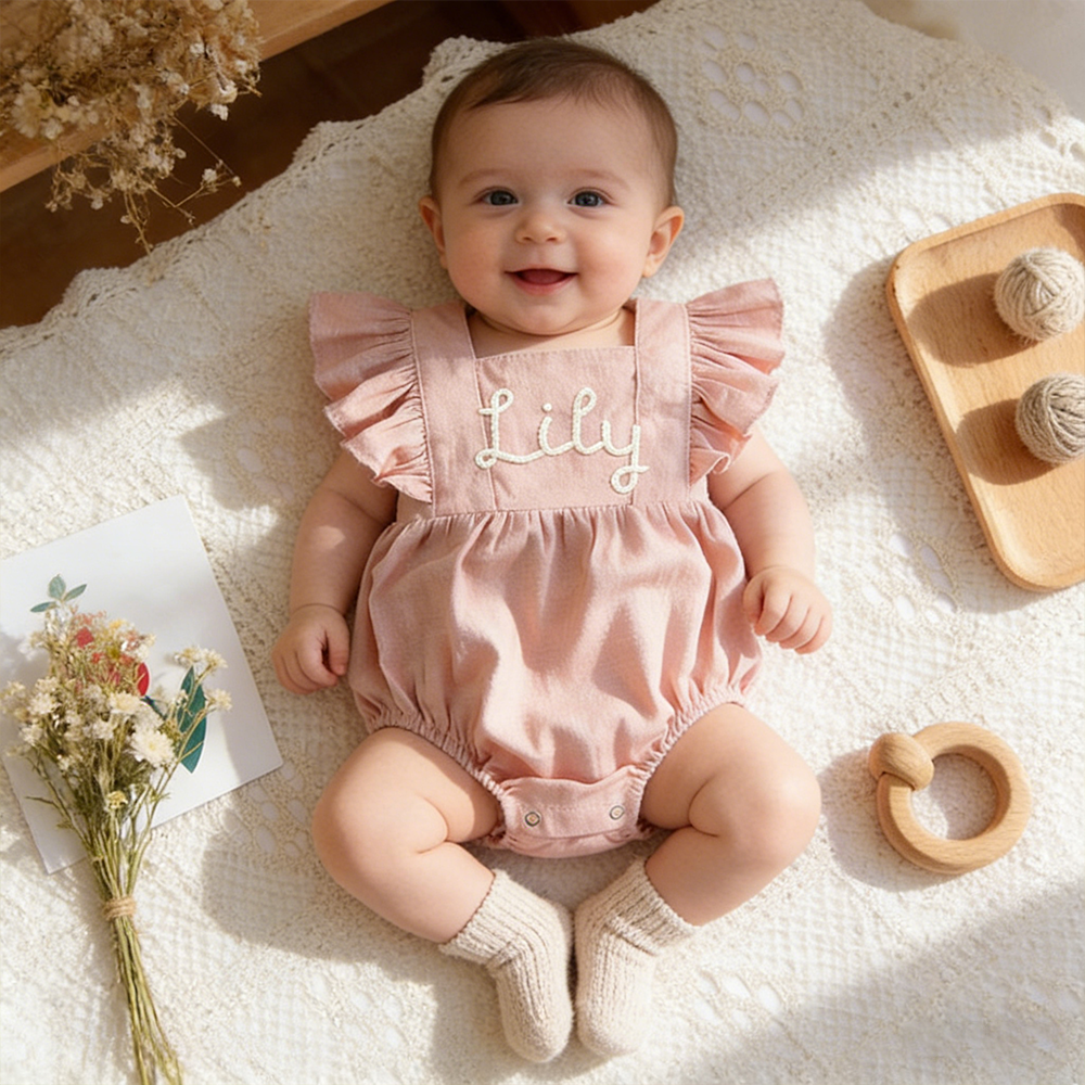 Personalized Baby Gril Embroidered Linen Romper| BBcloth131
