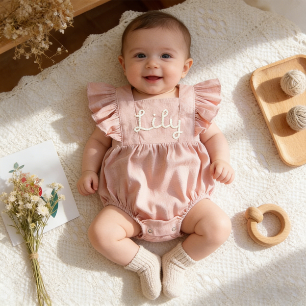 Personalized Baby Gril Embroidered Linen Romper| BBcloth131