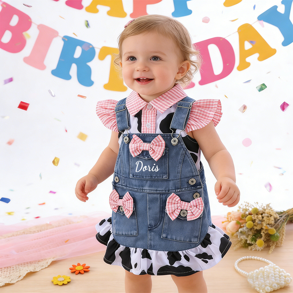Personalized Baby Girl Cow Print Denim Overall Dress Set| BBcloth132
