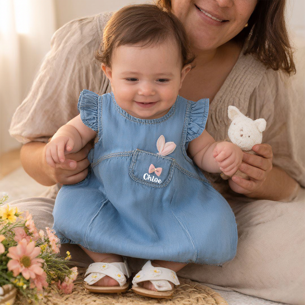 Personalized Girl Ruffle Denim Bubble Dress| Dress117
