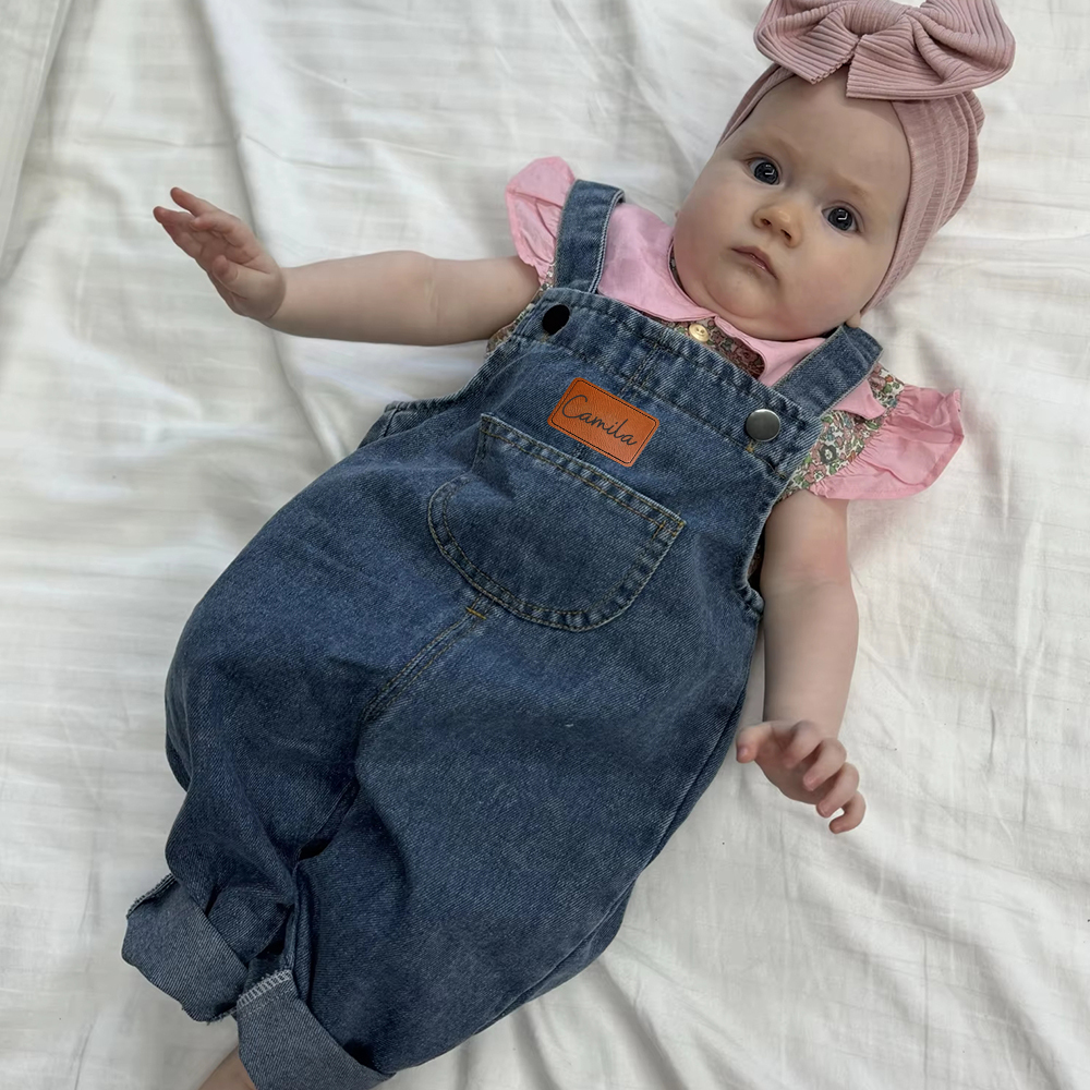 Personalized Kids Leather Patch Denim Overalls| Pants03