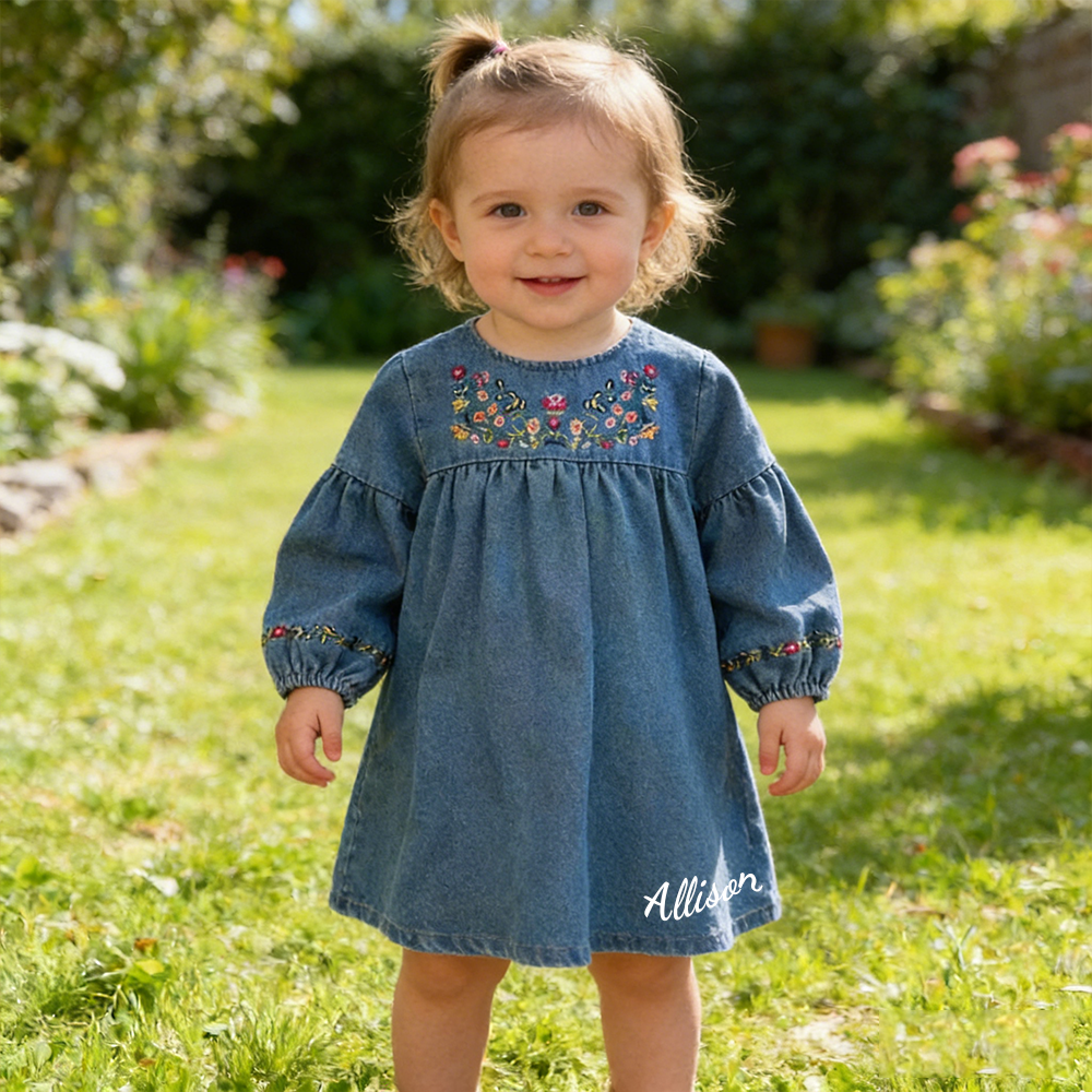 Personalized Girl Embroidered Denim Floral  Dress| Dress68