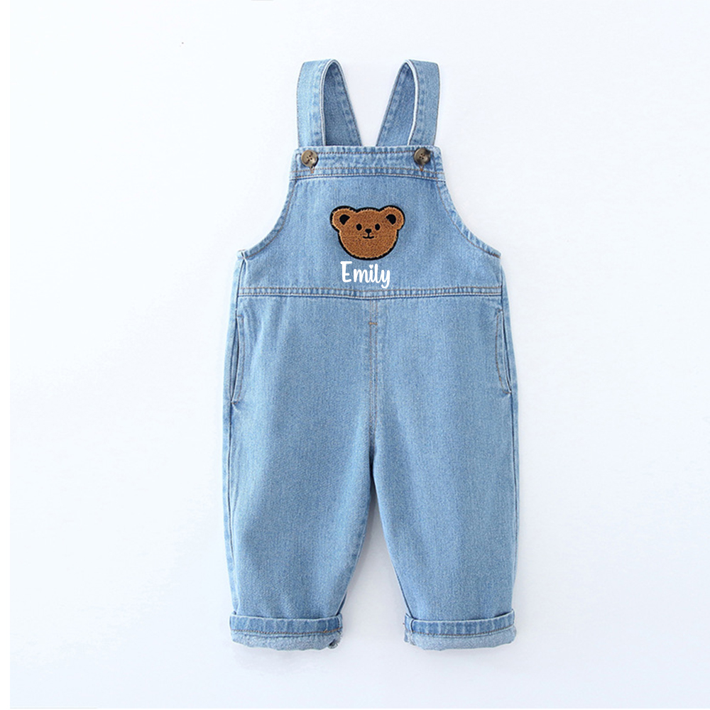 Personalized Kids Bear Patch Denim Overalls| Pants47