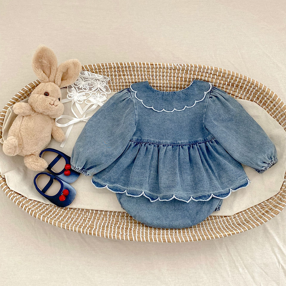 Personalized Baby Girl Ruffled Denim Bubble Romper| BBcloth130