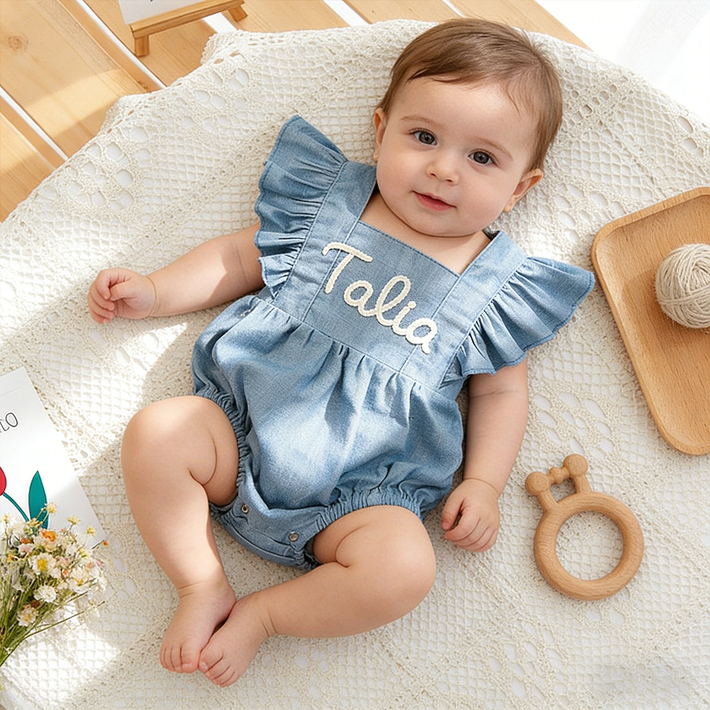 Personalized Baby Gril Embroidered Linen Romper| BBcloth131