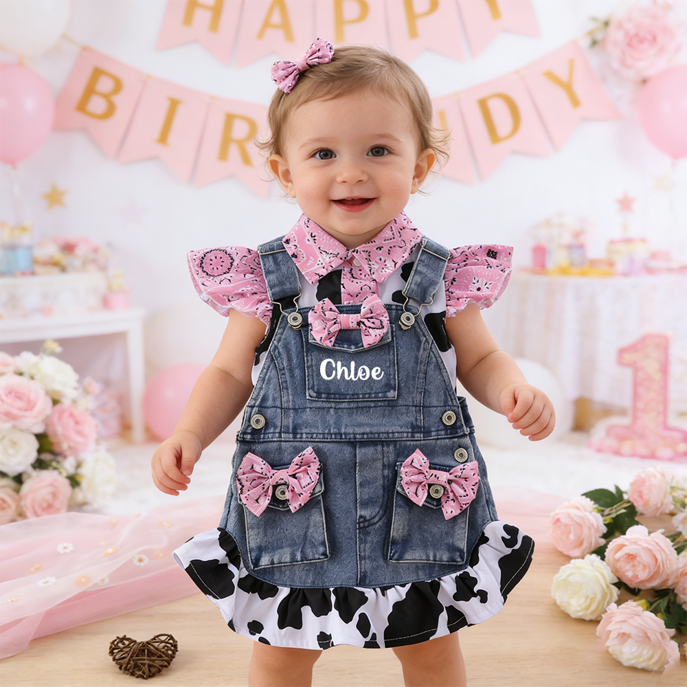 Personalized Baby Girl Cow Print Denim Overall Dress Set| BBcloth132