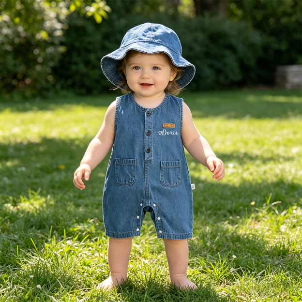Personalized Baby Denim Jumpsuit & Sun Hat Set| Pants56