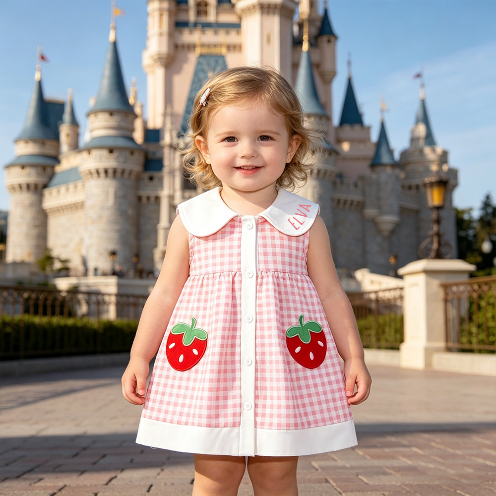 Personalized Girl Check Strawberry Sleeveless Summer Dress| Dress94