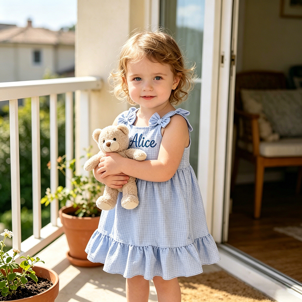 Personalized Girl Embroidered Name Bow Strap Dress| Dress99