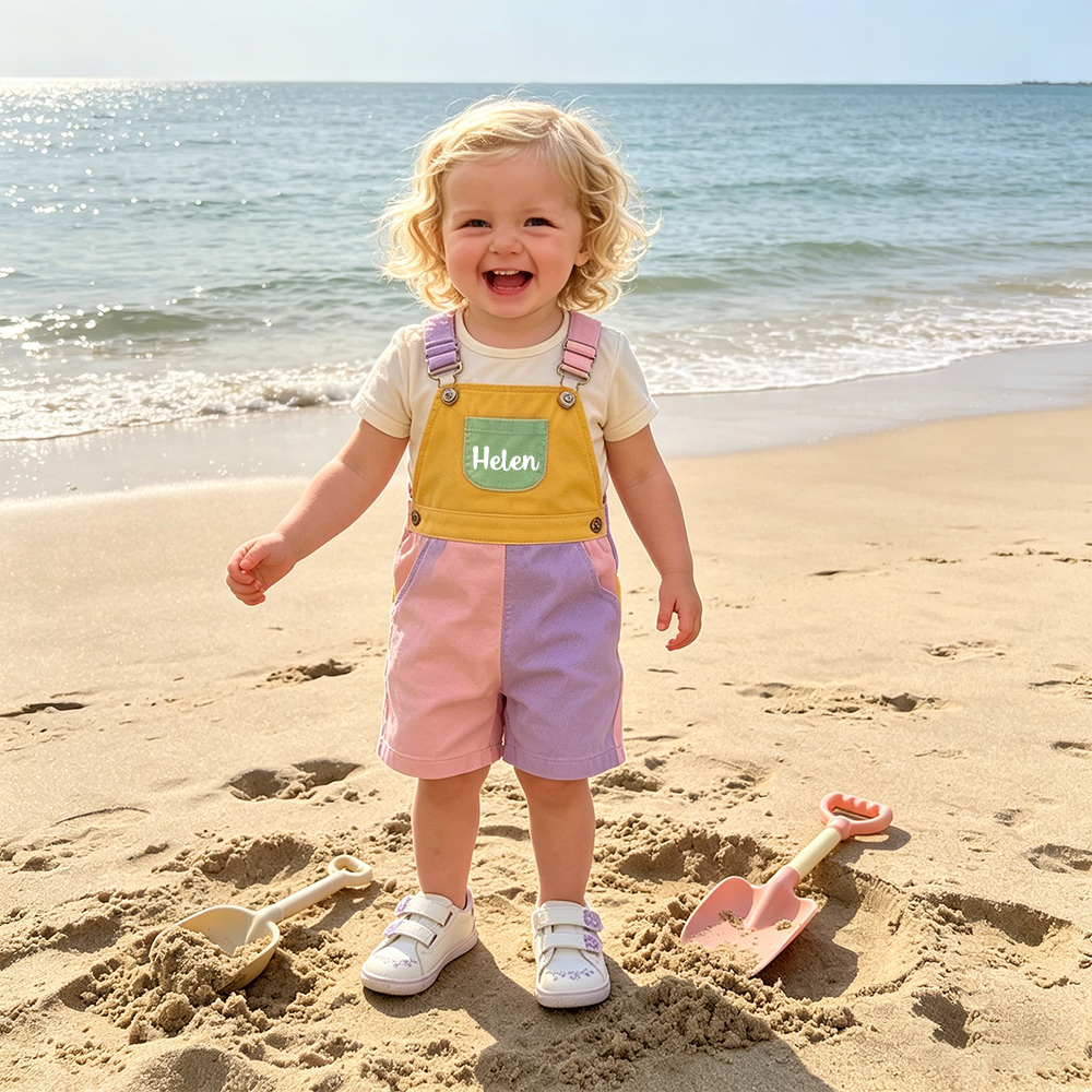 Personalized Kids Color Block Denim Overalls| Pants57